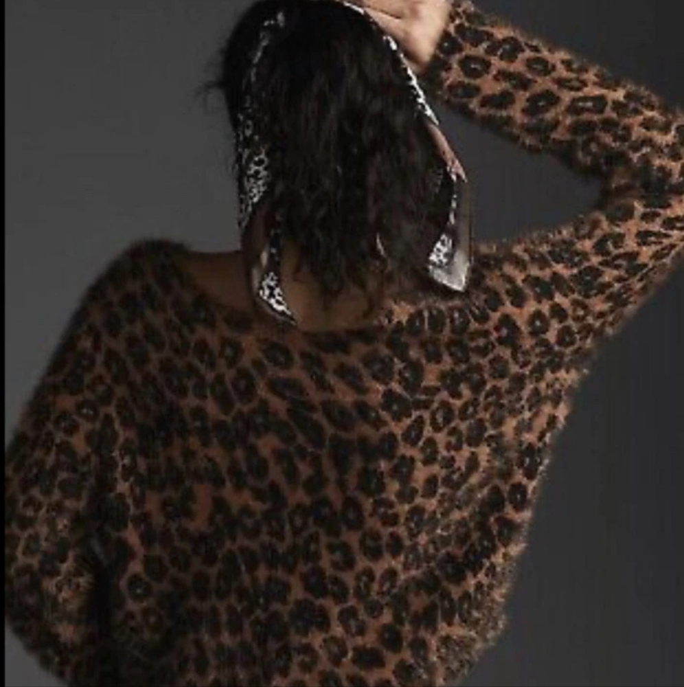 PILCRO x ANTHROPOLOGIE Leopard Print Eyelash Cropped Drapey Sweater Small